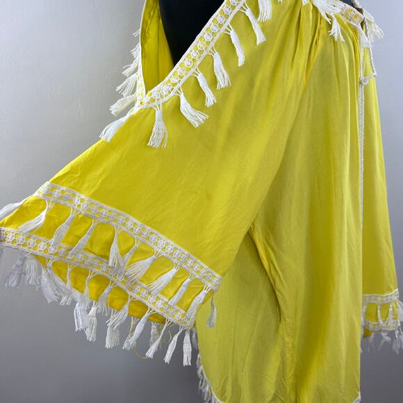 VENUS Yellow White Boho Tassel Strappy Cold Shoulder Swim Beach Cover Up Dress S - Picture 4 of 12